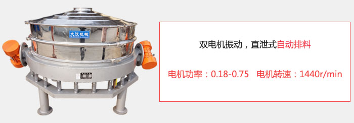 雙電機振動，直泄式自動排料電機功率：0.18-0.75   電機轉(zhuǎn)速：1440r/min。