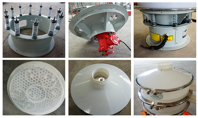 塑料振動(dòng)篩彈簧底座安裝，振動(dòng)電機(jī)安裝，篩網(wǎng)，防塵蓋等安裝圖片展示